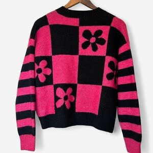 Pink and Black Floral Checkered Sweater